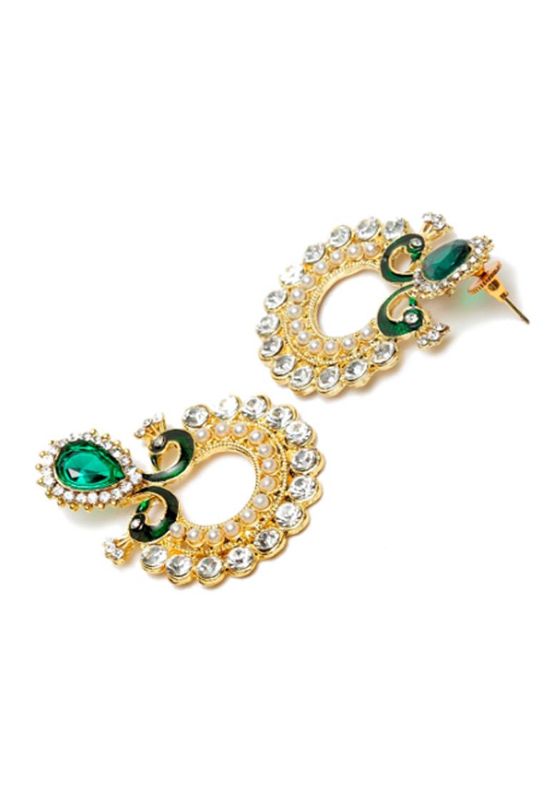 Gold Toned And Green Peacock Shaped Earrings Gold Plated And Has Artificial Stones And Beads - Indya