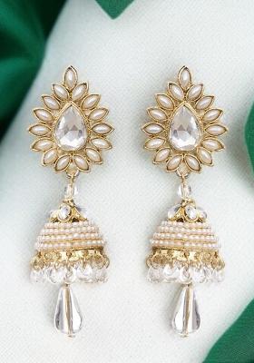 Traditional Gold Plated Cubic Zircornia And Pearls Studded Drop Jhumka Earring