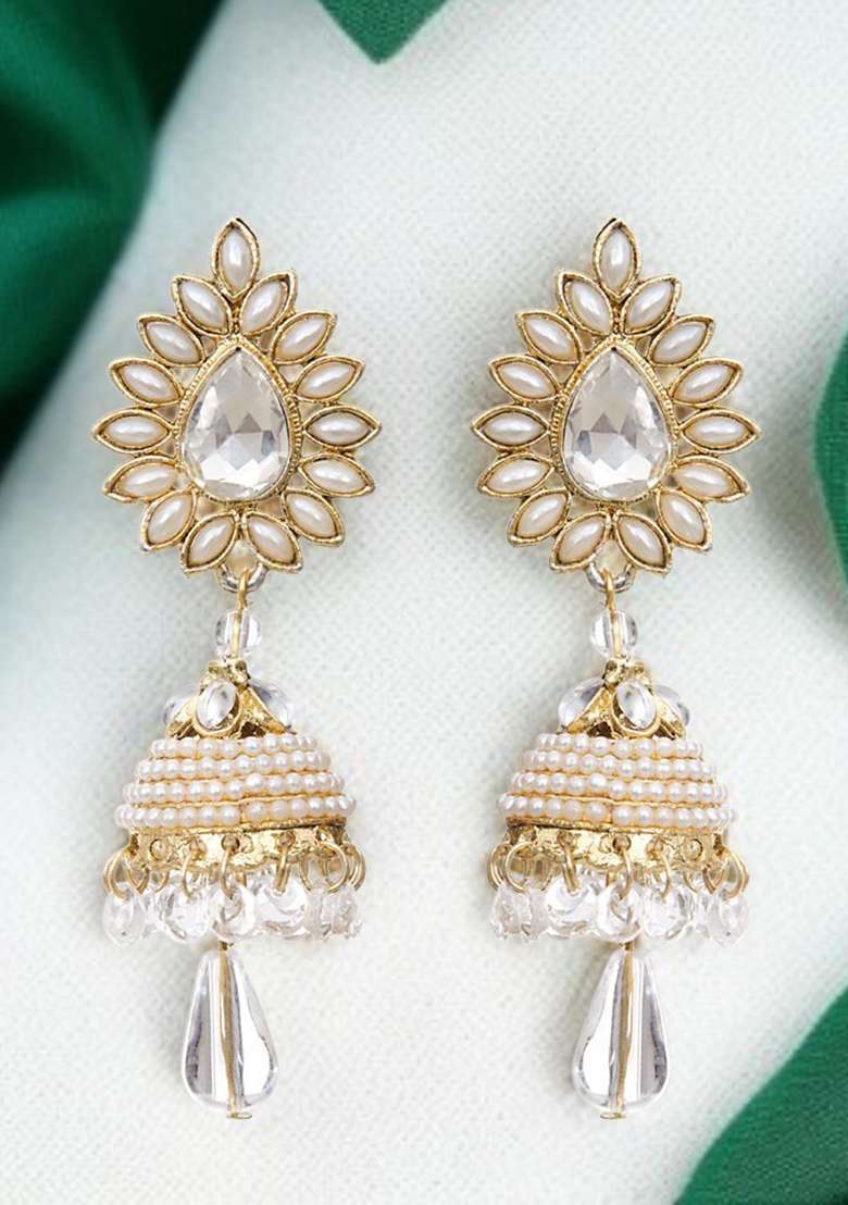 Traditional Gold Plated Cubic Zircornia And Pearls Studded Drop Jhumka Earring - Indya