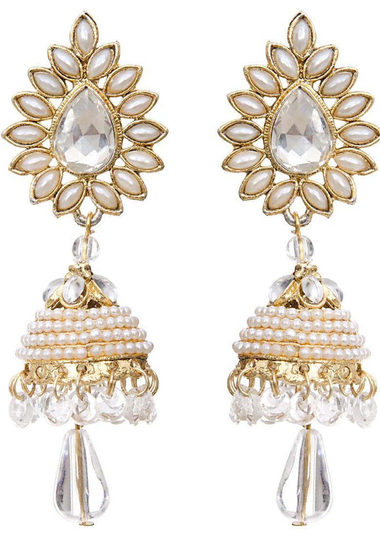 Traditional Gold Plated Cubic Zircornia And Pearls Studded Drop Jhumka Earring - Indya