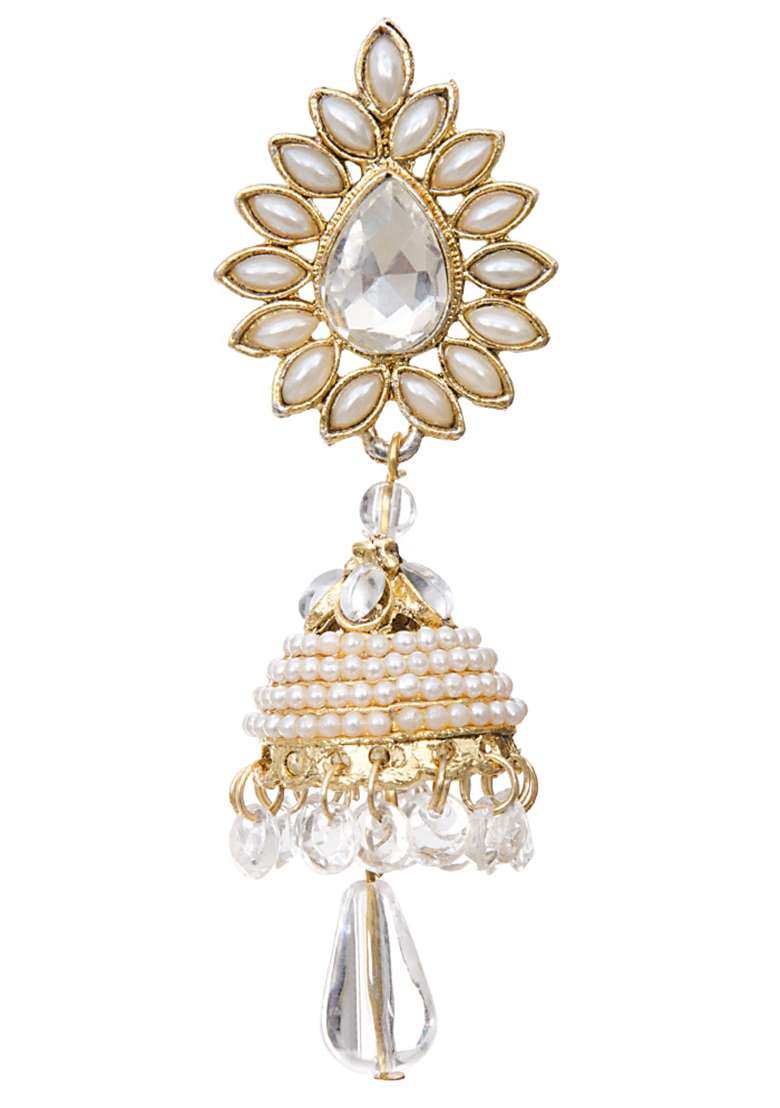 Traditional Gold Plated Cubic Zircornia And Pearls Studded Drop Jhumka Earring - Indya