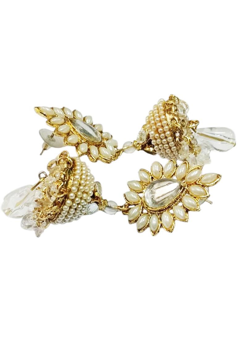 Traditional Gold Plated Cubic Zircornia And Pearls Studded Drop Jhumka Earring - Indya