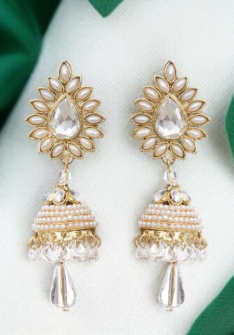 Traditional Gold Plated Cubic Zircornia And Pearls Studded Drop Jhumka Earring
