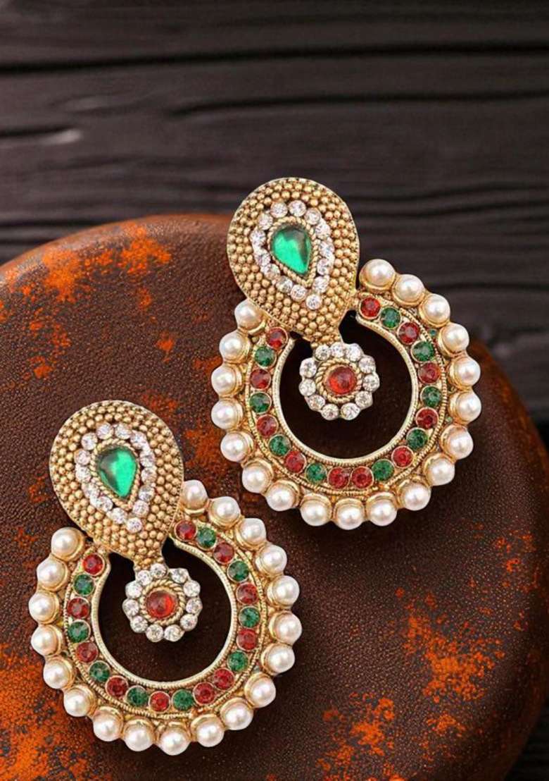 Traditional Gold Plated Cubic Zircornia And Pearls Studded Chandbaali Earring - Indya