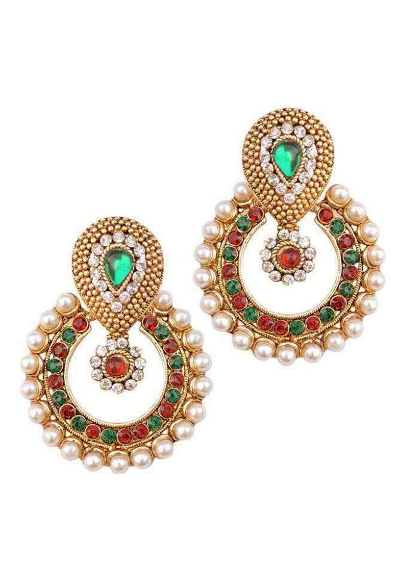 Traditional Gold Plated Cubic Zircornia And Pearls Studded Chandbaali Earring - Indya