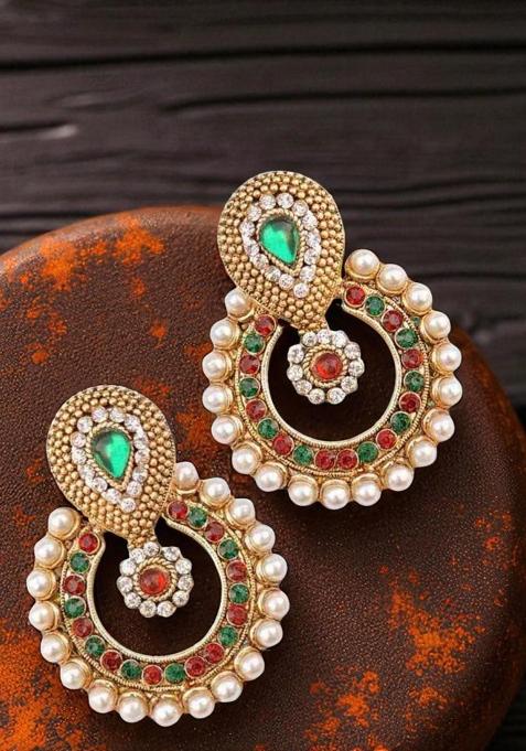 Traditional Gold Plated Cubic Zircornia And Pearls Studded Chandbaali Earring