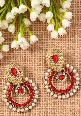 Traditional Gold Plated Cubic Zircornia And Pearls Studded Chandbaali Earring