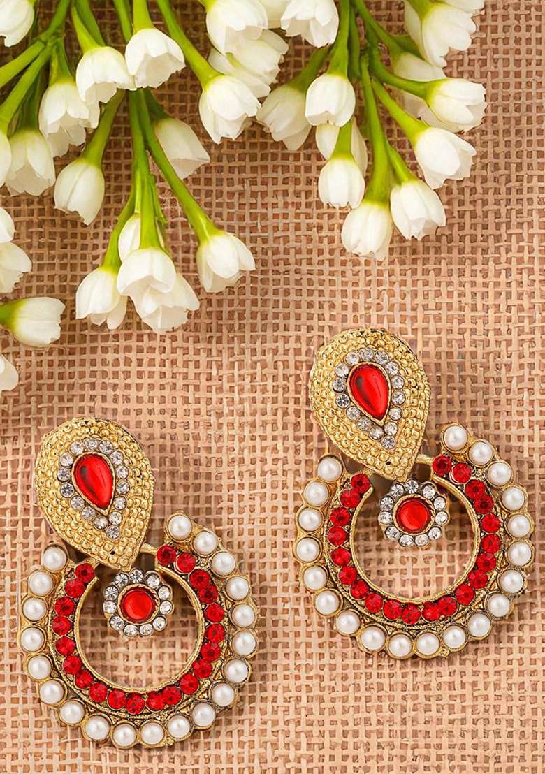 Traditional Gold Plated Cubic Zircornia And Pearls Studded Chandbaali Earring - Indya
