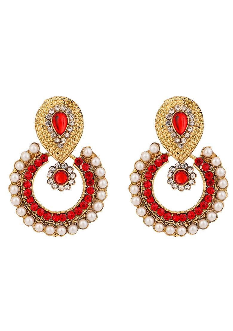 Traditional Gold Plated Cubic Zircornia And Pearls Studded Chandbaali Earring - Indya