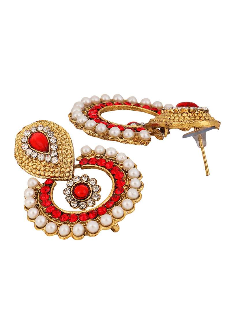 Traditional Gold Plated Cubic Zircornia And Pearls Studded Chandbaali Earring - Indya