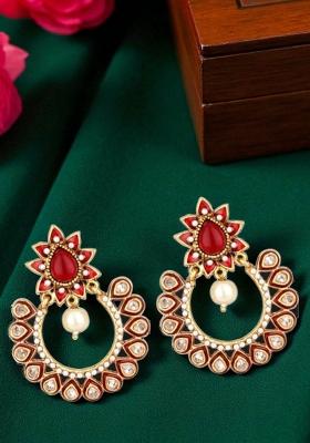 Trendy Artificial Stone Studded Enamelled Gold Plated Brass Chandbaali Earring
