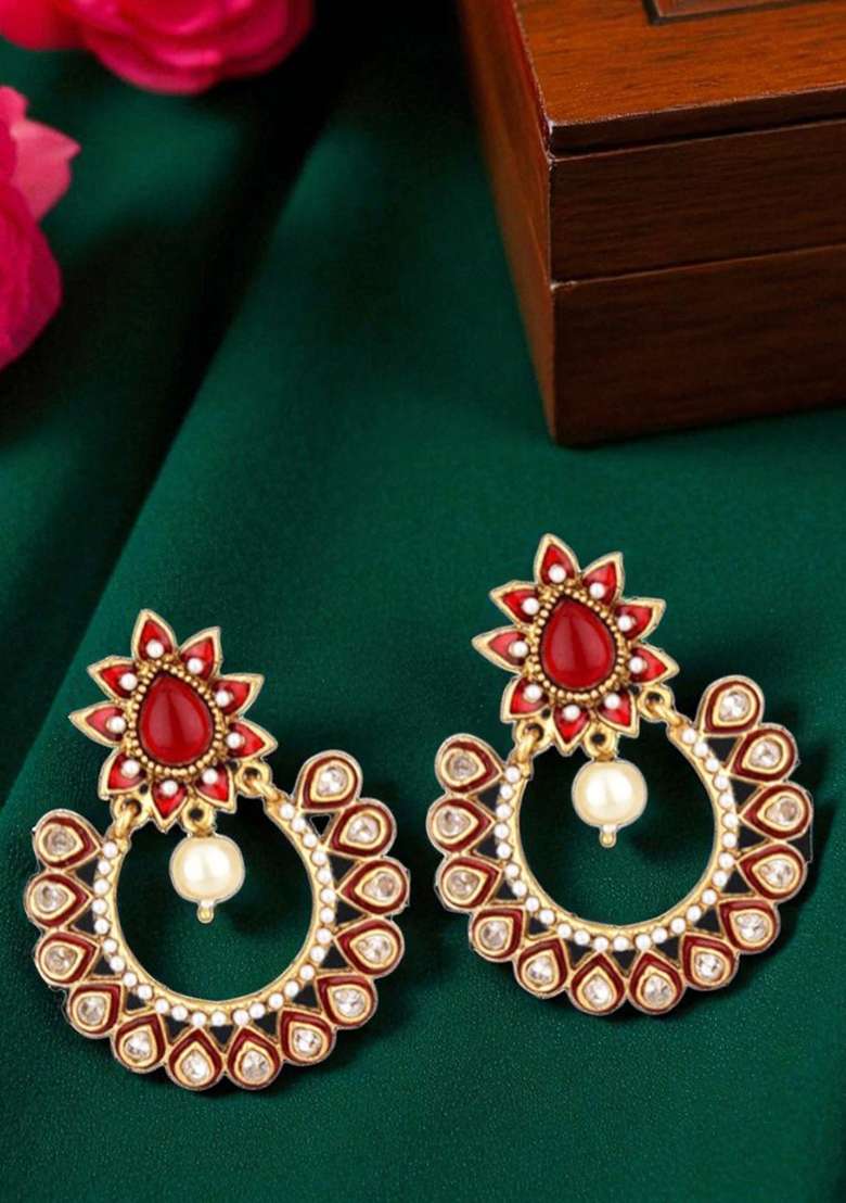 Trendy Artificial Stone Studded Enamelled Gold Plated Brass Chandbaali Earring - Indya