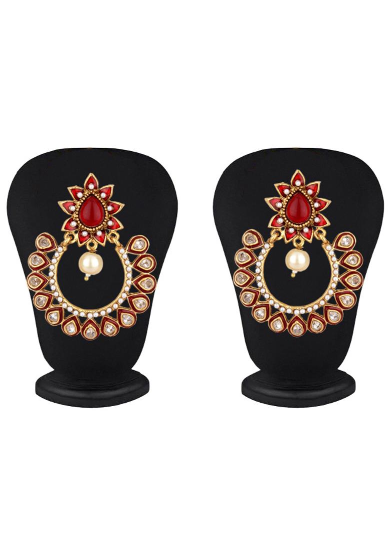 Trendy Artificial Stone Studded Enamelled Gold Plated Brass Chandbaali Earring - Indya