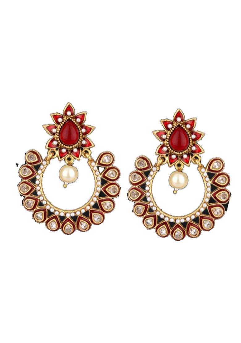 Trendy Artificial Stone Studded Enamelled Gold Plated Brass Chandbaali Earring - Indya