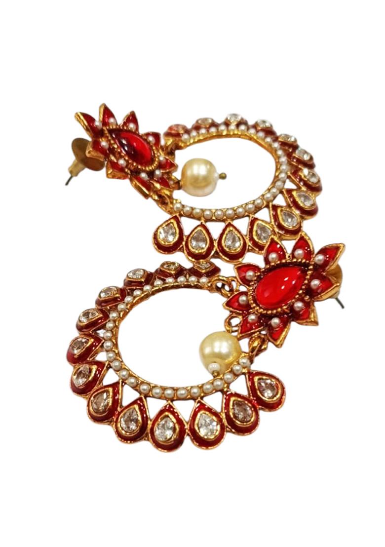Trendy Artificial Stone Studded Enamelled Gold Plated Brass Chandbaali Earring - Indya