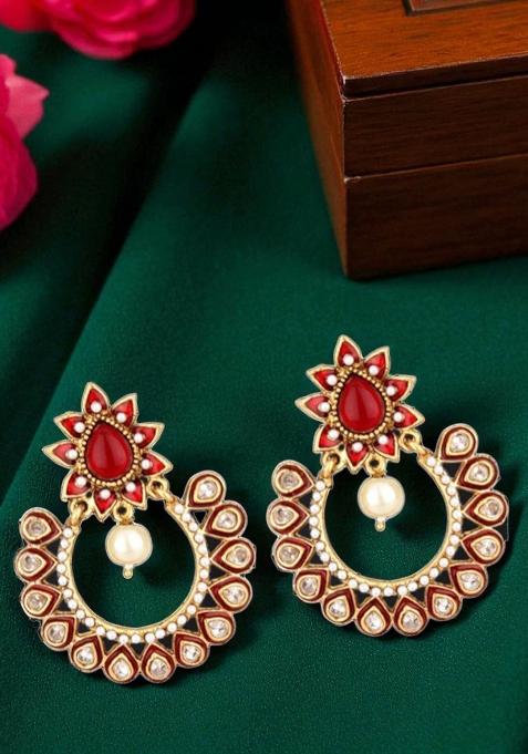 Trendy Artificial Stone Studded Enamelled Gold Plated Brass Chandbaali Earring