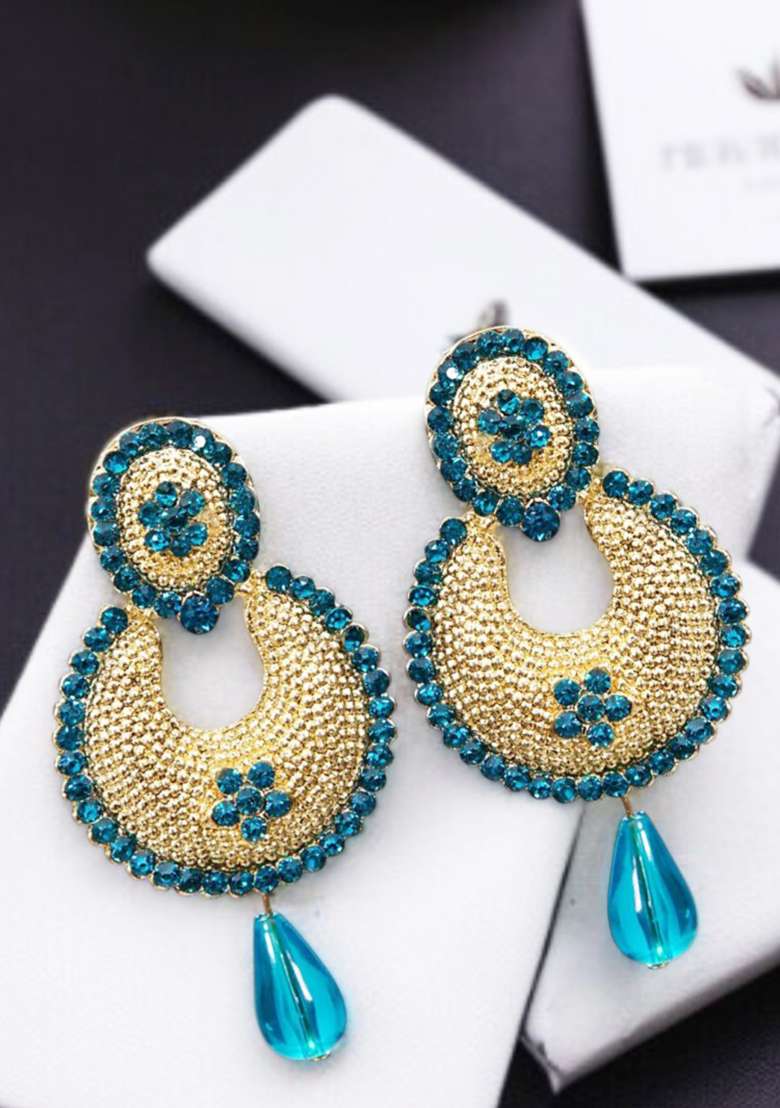 Gold Toned Enamelled Blue Stone Studded Chandbaali Earring - Indya