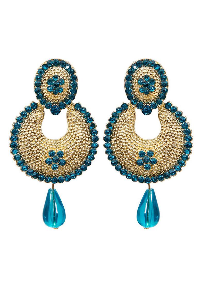 Gold Toned Enamelled Blue Stone Studded Chandbaali Earring - Indya