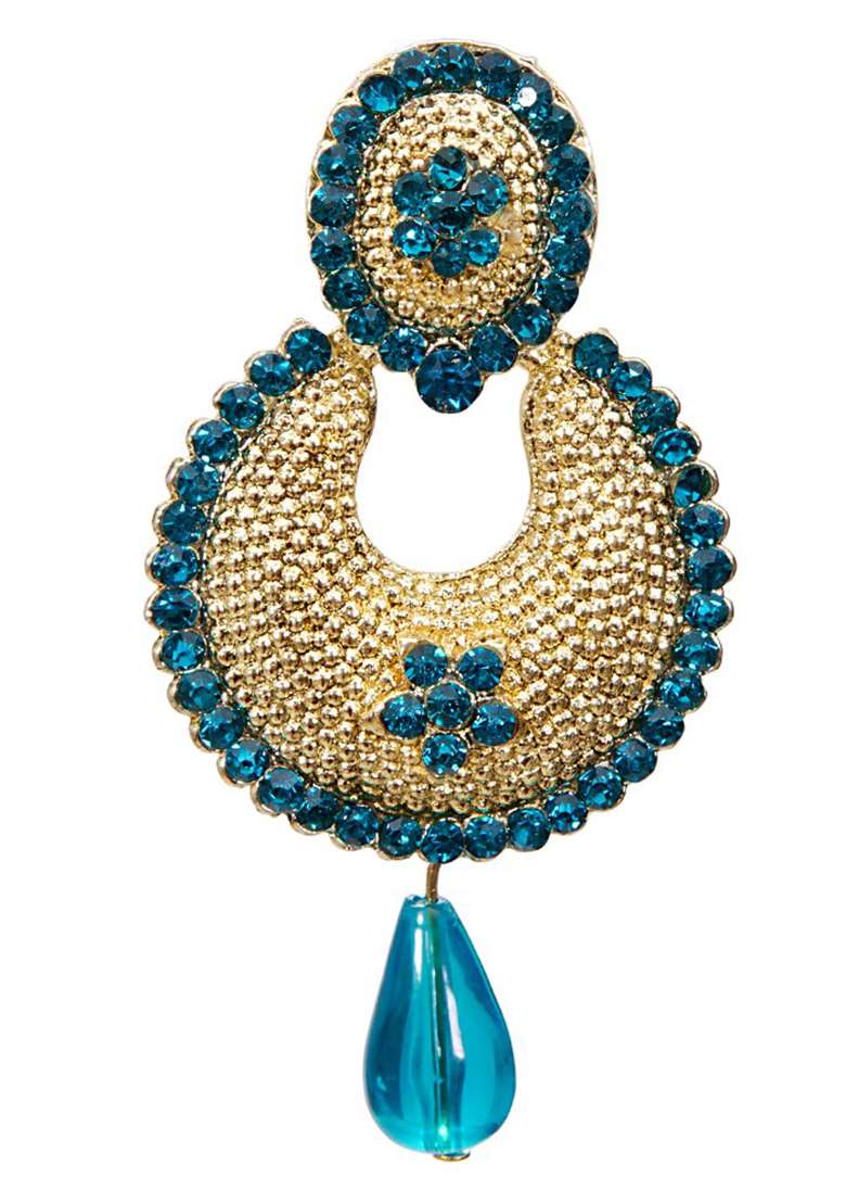 Gold Toned Enamelled Blue Stone Studded Chandbaali Earring - Indya