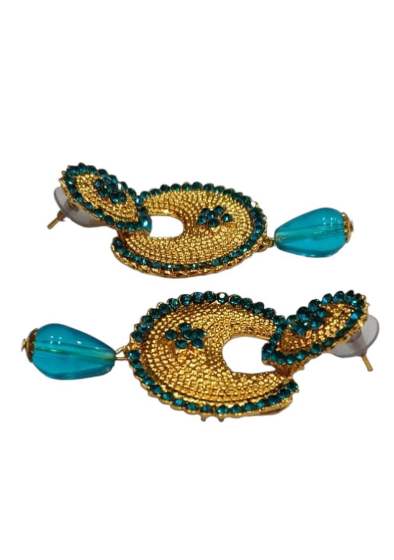Gold Toned Enamelled Blue Stone Studded Chandbaali Earring - Indya