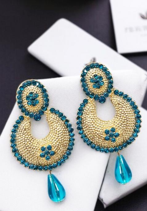 Gold Toned Enamelled Blue Stone Studded Chandbaali Earring