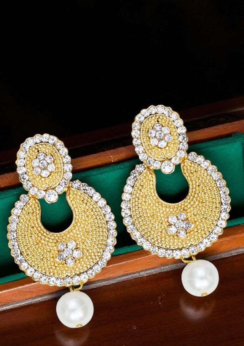 Gold Toned Enamelled White Stone Studded Chandbaali Earring - Indya