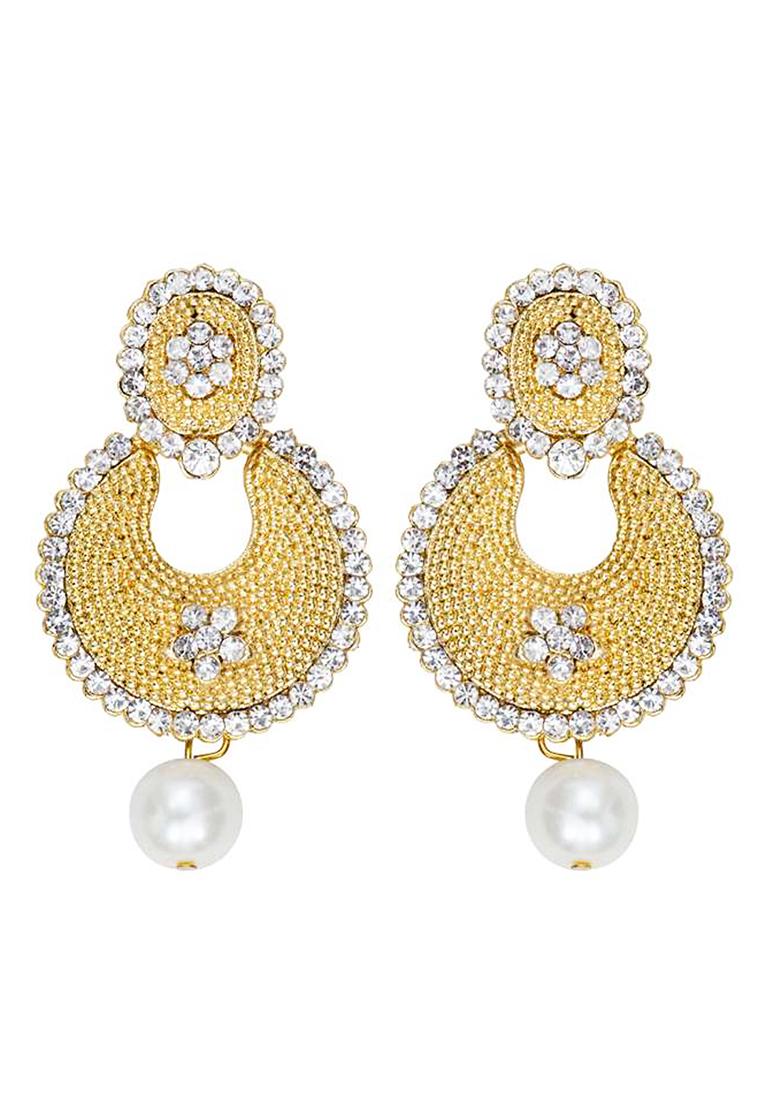 Gold Toned Enamelled White Stone Studded Chandbaali Earring - Indya