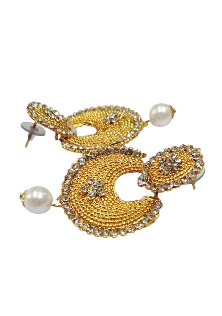 Gold Toned Enamelled White Stone Studded Chandbaali Earring - Indya
