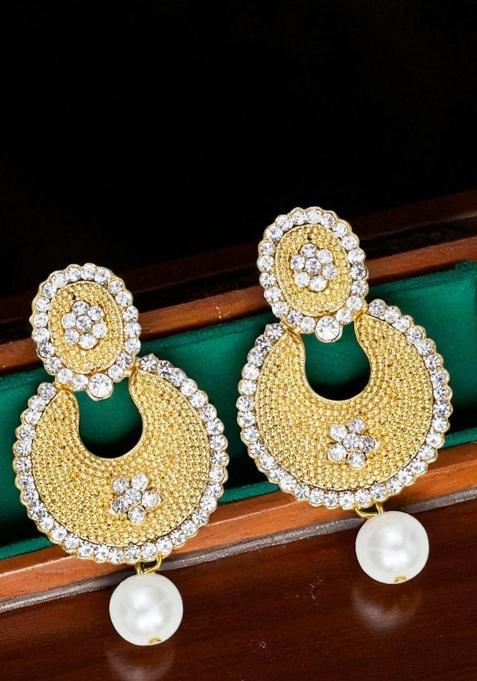Gold Toned Enamelled White Stone Studded Chandbaali Earring