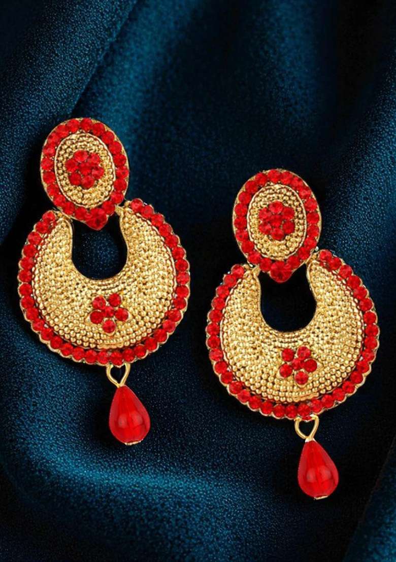 Gold Toned Enamelled Red Stone Studded Chandbaali Earring - Indya