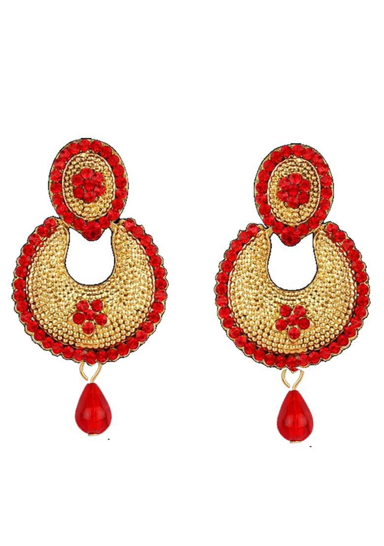 Gold Toned Enamelled Red Stone Studded Chandbaali Earring - Indya