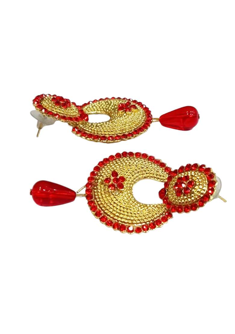 Gold Toned Enamelled Red Stone Studded Chandbaali Earring - Indya