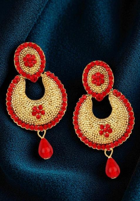 Gold Toned Enamelled Red Stone Studded Chandbaali Earring