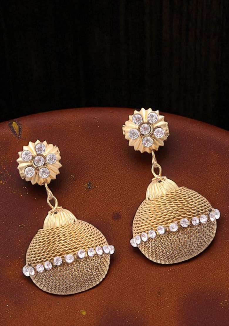 Gold Plated Artificial Stone Studded Wired Ball Drop Earrings - Indya