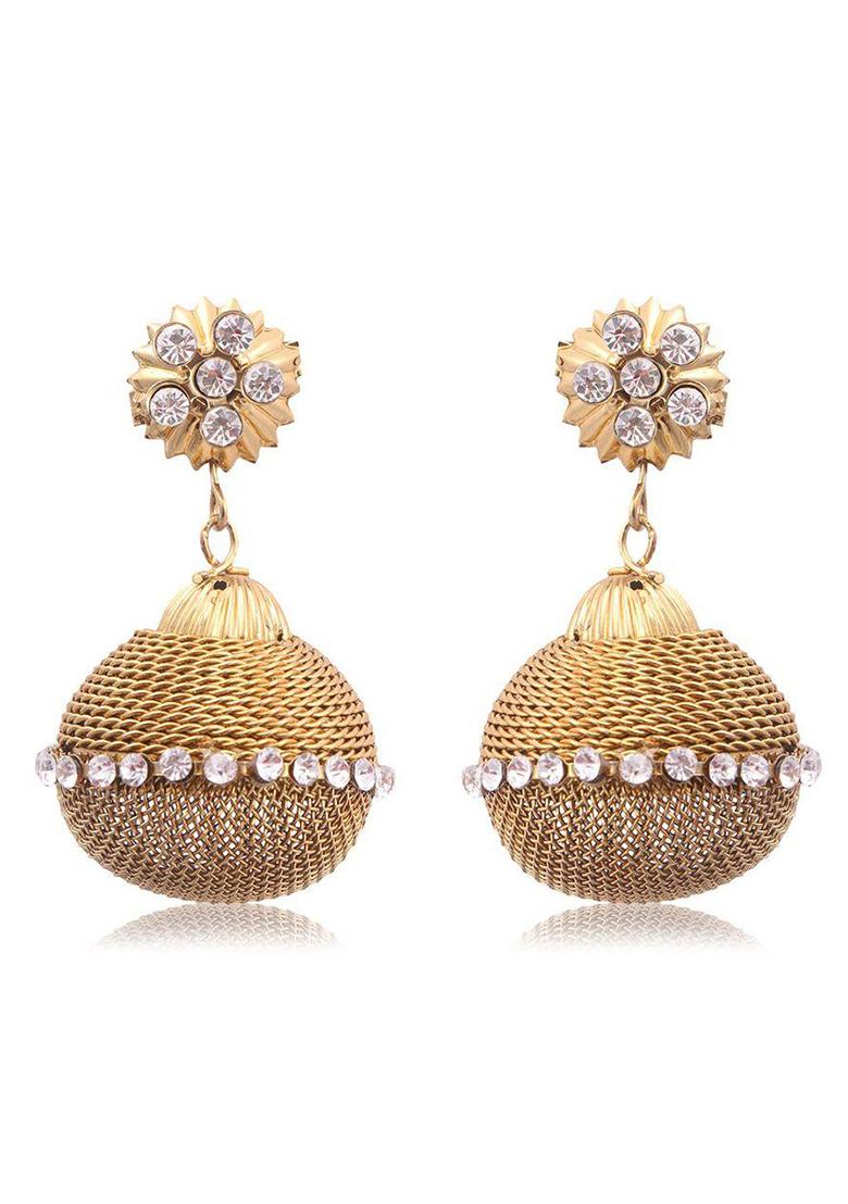 Gold Plated Artificial Stone Studded Wired Ball Drop Earrings - Indya