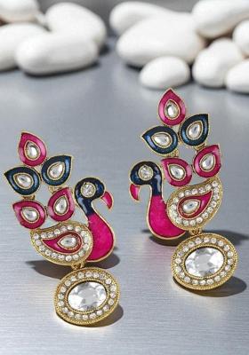 Gold Plated Traditional Peacock Shaped Meenakari Earring Cubic Zirconia Alloy Drops Danglers