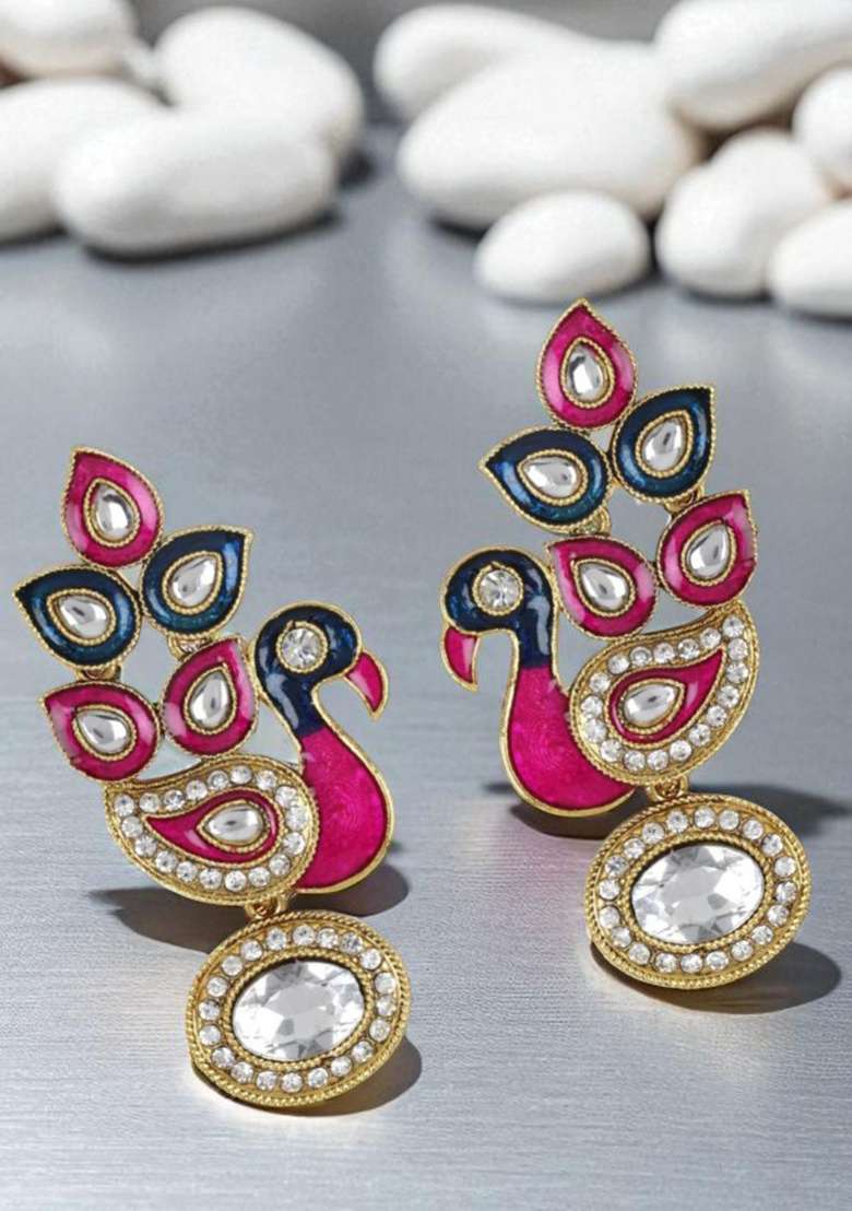 Gold Plated Traditional Peacock Shaped Meenakari Earring Cubic Zirconia Alloy Drops Danglers - Indya