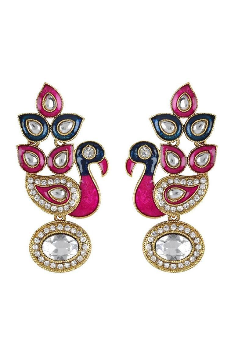 Gold Plated Traditional Peacock Shaped Meenakari Earring Cubic Zirconia Alloy Drops Danglers - Indya