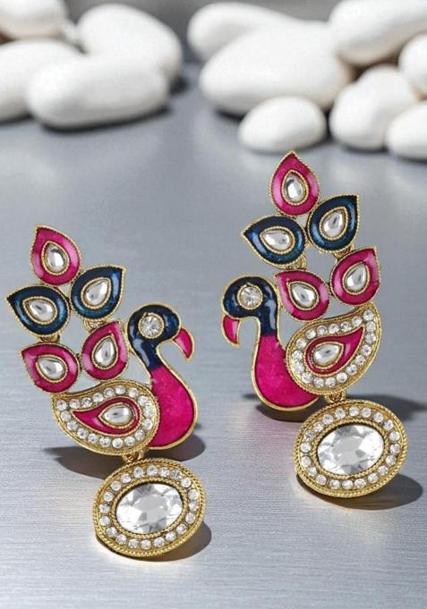 Gold Plated Traditional Peacock Shaped Meenakari Earring Cubic Zirconia Alloy Drops Danglers