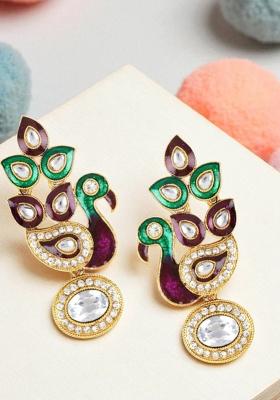 Gold Plated Traditional Peacock Shaped Meenakari Earring Cubic Zirconia Alloy Drops Danglers