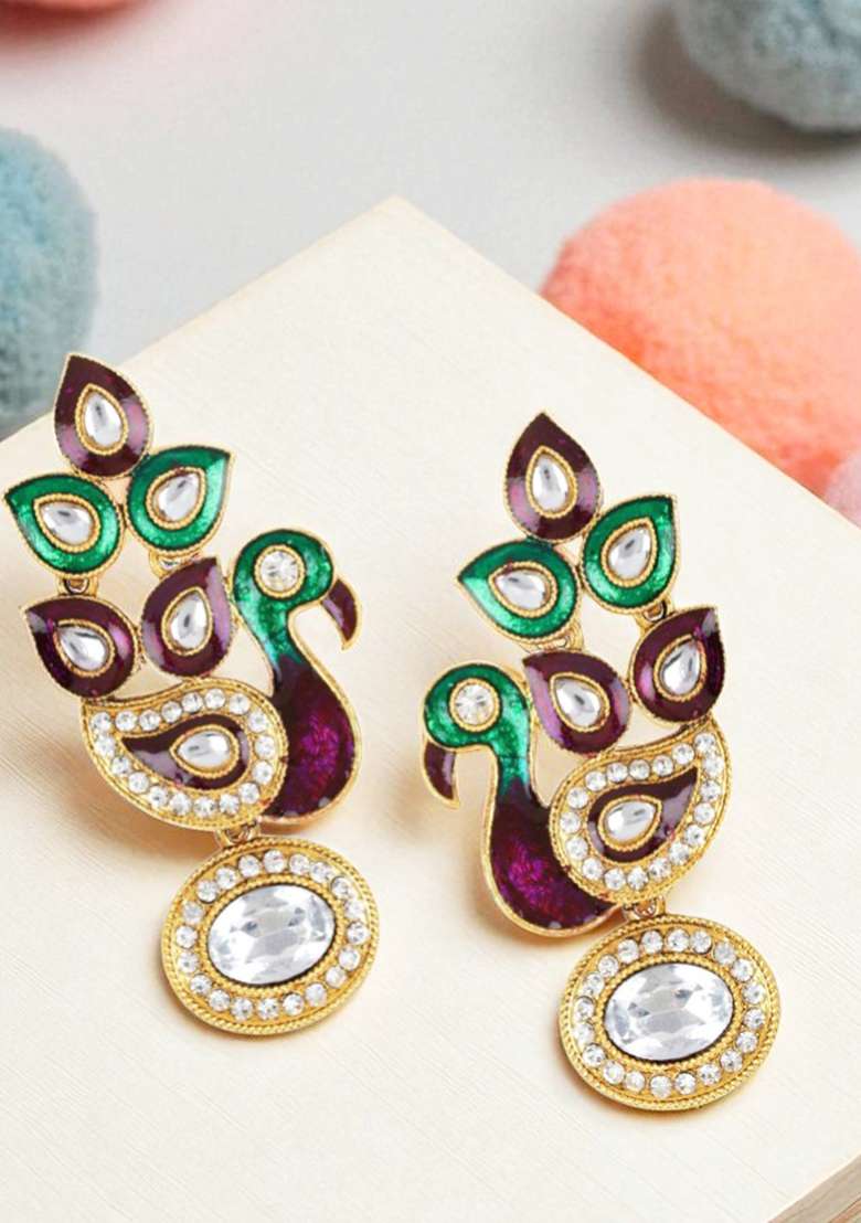 Gold Plated Traditional Peacock Shaped Meenakari Earring Cubic Zirconia Alloy Drops Danglers - Indya