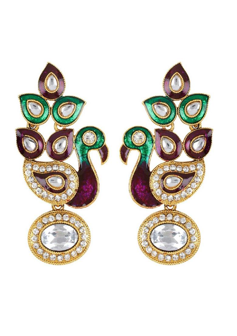 Gold Plated Traditional Peacock Shaped Meenakari Earring Cubic Zirconia Alloy Drops Danglers - Indya