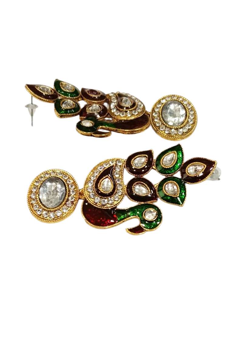 Gold Plated Traditional Peacock Shaped Meenakari Earring Cubic Zirconia Alloy Drops Danglers - Indya