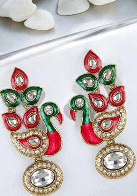Gold Plated Traditional Peacock Shaped Meenakari Earring Cubic Zirconia Alloy Drops Danglers