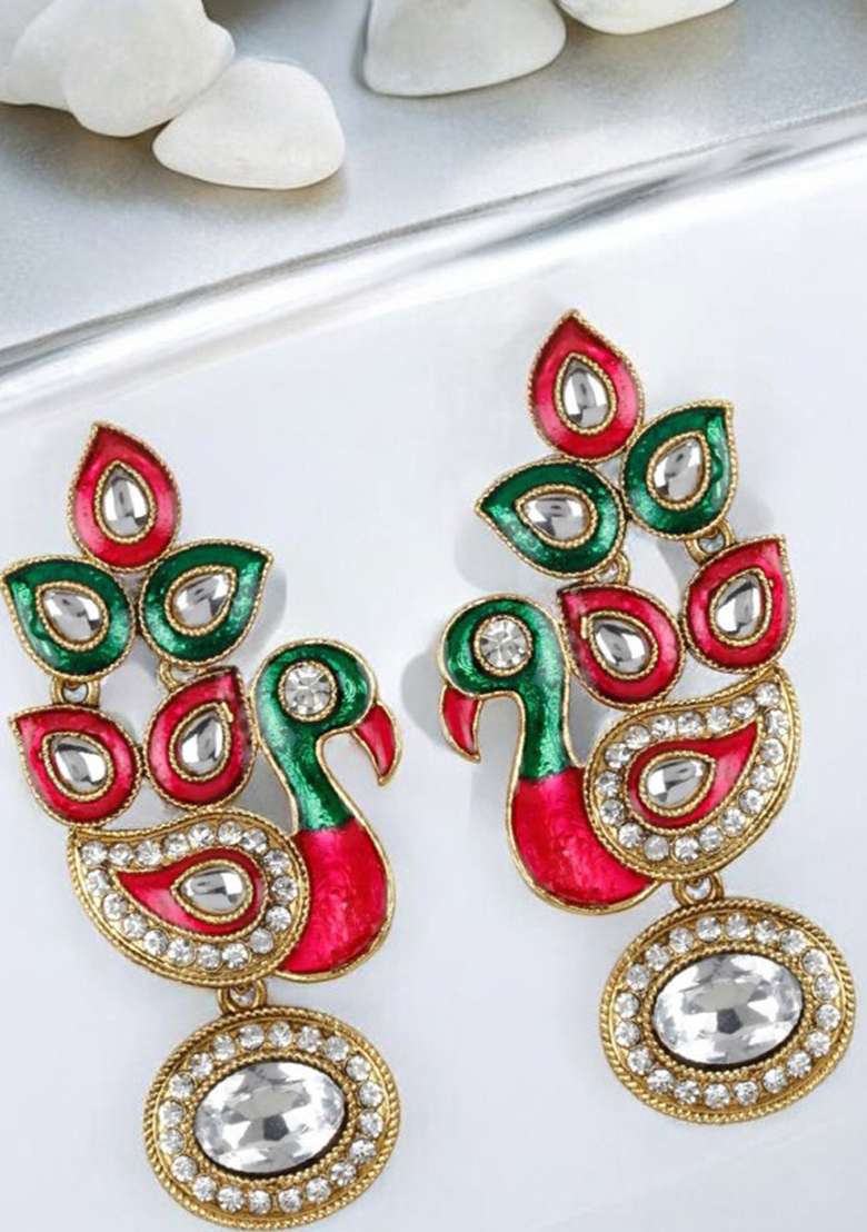 Gold Plated Traditional Peacock Shaped Meenakari Earring Cubic Zirconia Alloy Drops Danglers - Indya
