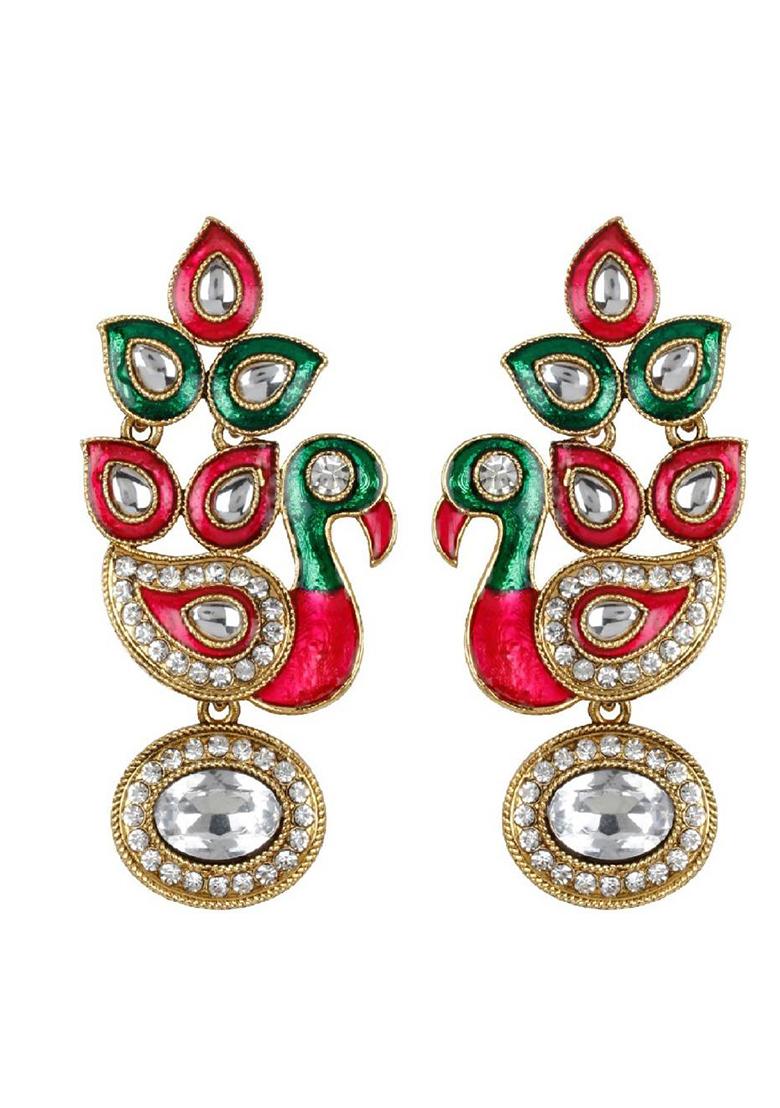 Gold Plated Traditional Peacock Shaped Meenakari Earring Cubic Zirconia Alloy Drops Danglers - Indya