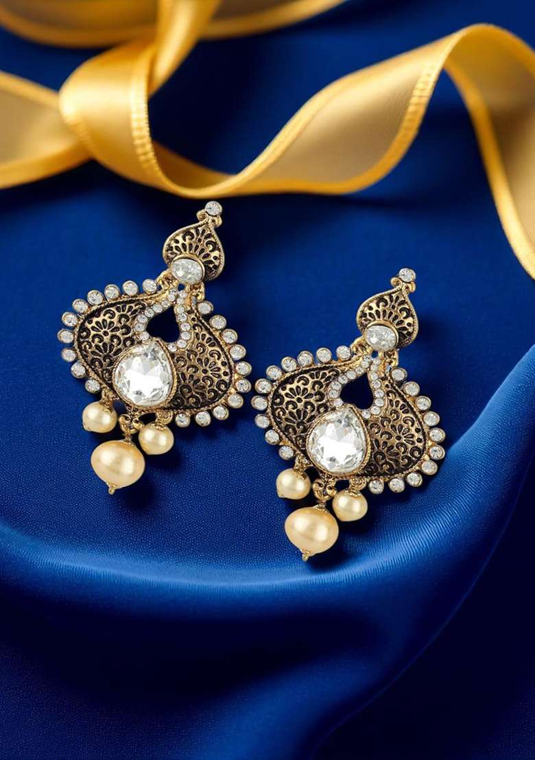 Gold Plated Artificial Stones Studded Paisley Black Drop Earring - Indya