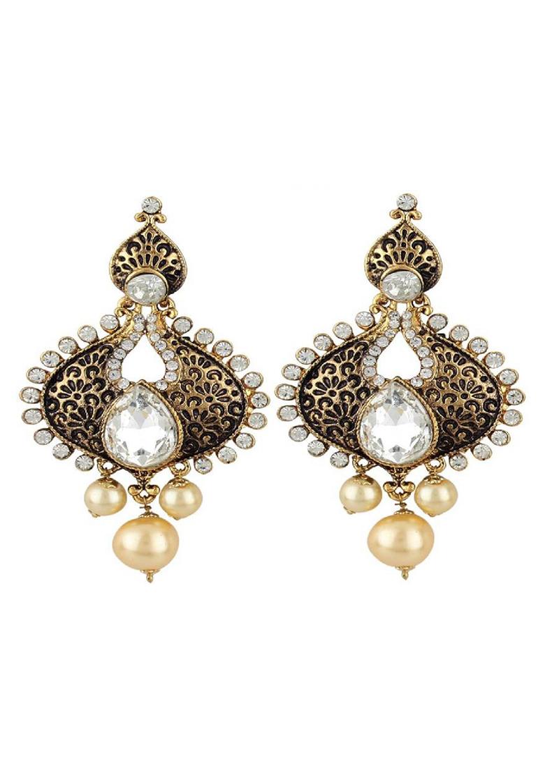 Gold Plated Artificial Stones Studded Paisley Black Drop Earring - Indya