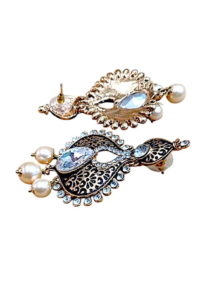 Gold Plated Artificial Stones Studded Paisley Black Drop Earring - Indya