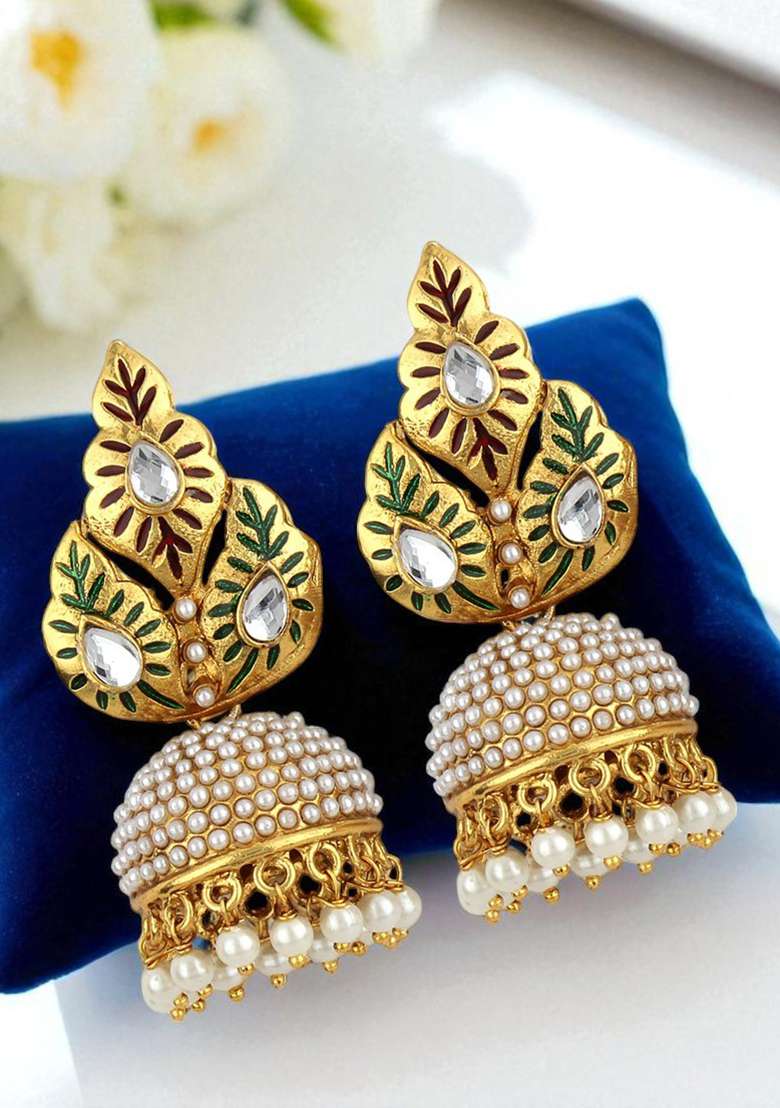 Gold Toned Pearl Studded Multi Color Drop Jhumka Earring - Indya